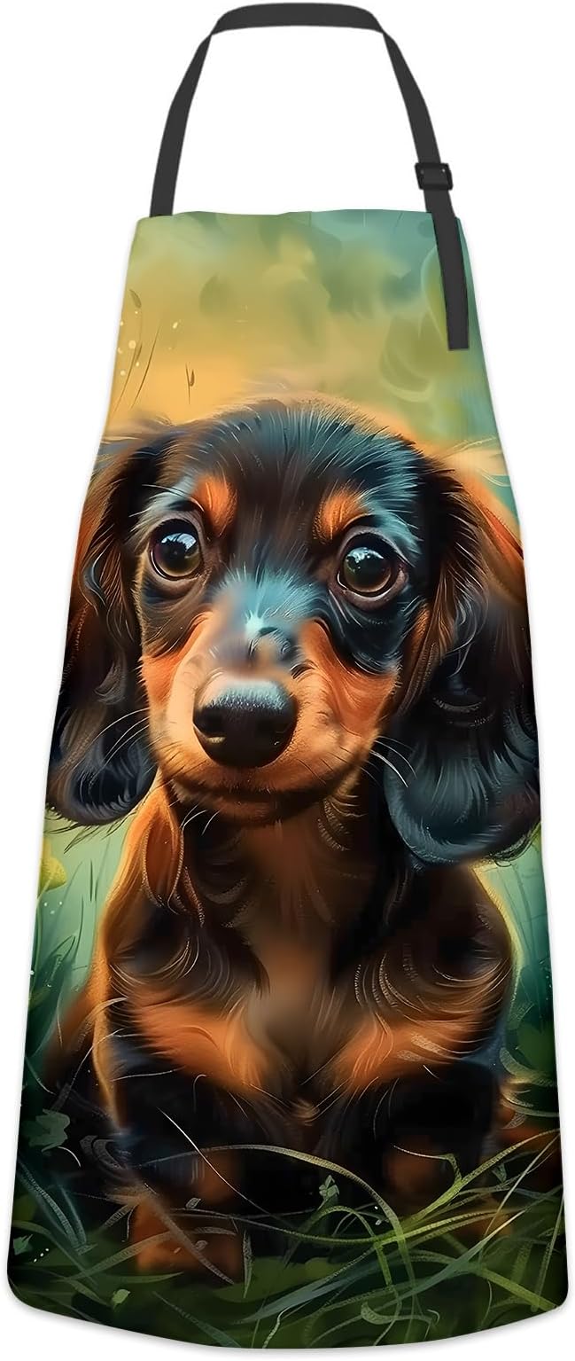 Lovely Dachshund Apron for Women Men, Cooking BBQ Chef Polyester Lightweight Adorable Puppy Aprons with Pockets for Baking Kitchen Gardening Cleaning, Adjustable Neck Strap, 28×33inch