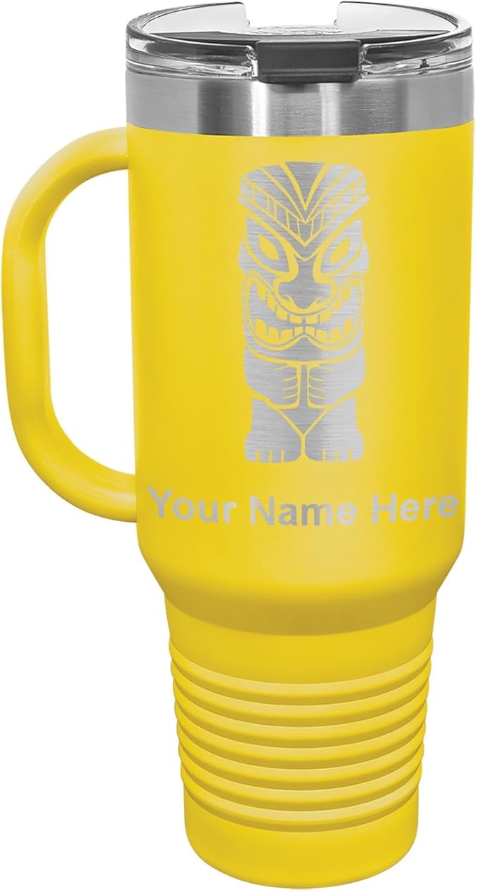 LaserGram 40oz Vacuum Insulated Travel Mug with Handle, Tiki Statue, Personalized Engraving Included (Yellow)