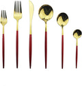 JASHII 18/10 Silver Silverware Set Stainless Steel Flatware Utensils Set Gold Cutlery Set| 36-Piece Modern Cubiertos Dorados| BEST Birthday Wedding Gift (6 sets, Red Handle Gold Mirror Polish)