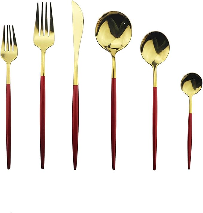 JASHII 18/10 Silver Silverware Set Stainless Steel Flatware Utensils Set Gold Cutlery Set| 36-Piece Modern Cubiertos Dorados| BEST Birthday Wedding Gift (6 sets, Red Handle Gold Mirror Polish)