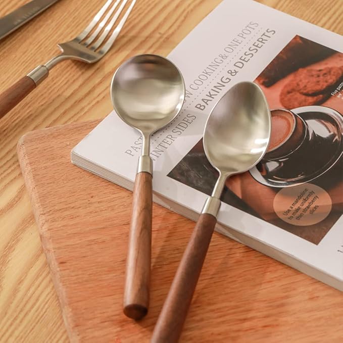 Wood Silverware Set for 14 - Wooden Flatware Cutlery Utensils 18/10 Stainless Steel Walnut Handle 56 Piece Include Knives Forks and Spoons Tableware for Home Kitchen Wedding Restaurant