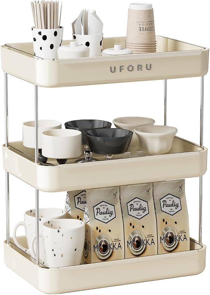 Countertop Coffee Station Organizer, 3 Tier Wine Glass Holder, Mug Shelf with Removable Drain Tray, Spice Rack for Kitchen, Bathroom Countertop Organizer, Cream White