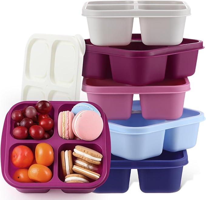 Honeydak 5 Pack Snack Containers 4 Compartment Bento Snack Boxes Reusable Lunchable Containers with Lids Divided Meal Prep Lunch Food Storage Box for School Work Travel(Elderberry,Equal)