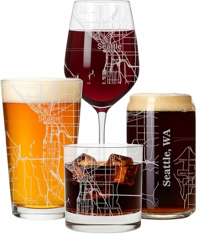 Blue Ridge Mountain Gifts - Seattle Souvenir - Washington Glassware Gift, Etched City Map, Laser Engraved and Dishwasher Safe
