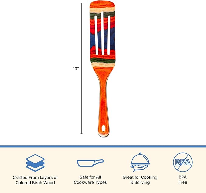 Baltique Marrakesh Collection 13" Wooden Spurtle Spatula – Colorful Birch Wood Cooking Utensil, Nonstick Safe, Versatile Stirring & Serving Tool