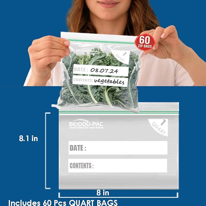 Quart Food Storage Zip Bags, 600 Count | Double Zipper| 8" * 8.1", Freshness Easy Open Reclosable Clear Plastic Bags