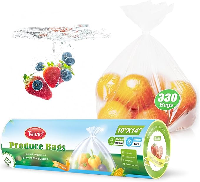 Teivio 330 Count 10" x 14" Plastic Produce Bags on A Roll, Clear Kitchen Disposable Plastic Storage Bags for Bread Fruit Vegetable