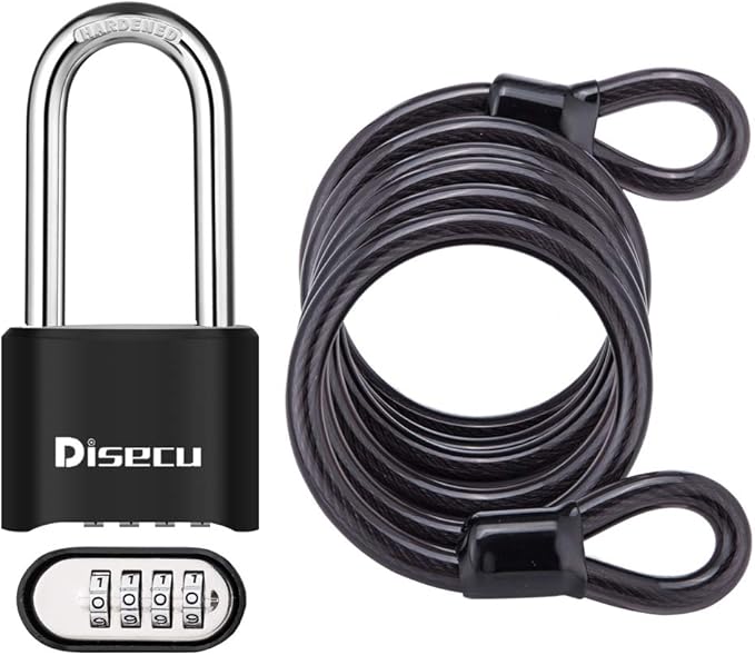 1 Pack disecu Heavy Duty 4 Digit Combination Lock, 2.5 Inch Long Shackle Outdoor Waterproof Padlock with Steel Cable for Bike, Gate, Fence (Black)