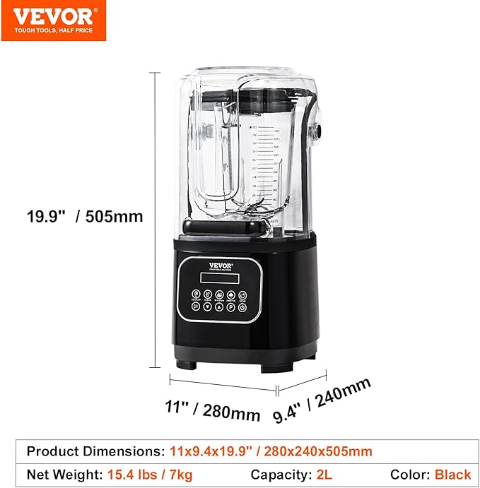 VEVOR Professional Blender with Shield, Commercial Countertop Blenders, 68 oz Jar Blender Combo, Stainless Steel 9 Speed & 5 Functions Blenders, for Shakes, Smoothies, Peree, and Crush Ice, Black