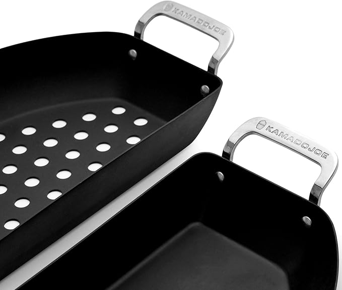 Kamado Joe Karbon Steel Pre-Seasoned Carbon Steel Non-Stick Half-Moon Pans with One Solid Pan and One Perforated Pan for Classic Joe and Big Joe Kamado Grills, Model KJ15124822