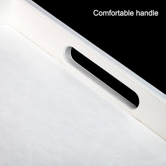 18 * 12 inches Leather Rectangle Serving Tray with Hole Handles,High-End Light Large Service Tray for Ottoman Tray, Tea, Food, Butler - Countertop, Kitchen,Family Dinner, Picnic(White)