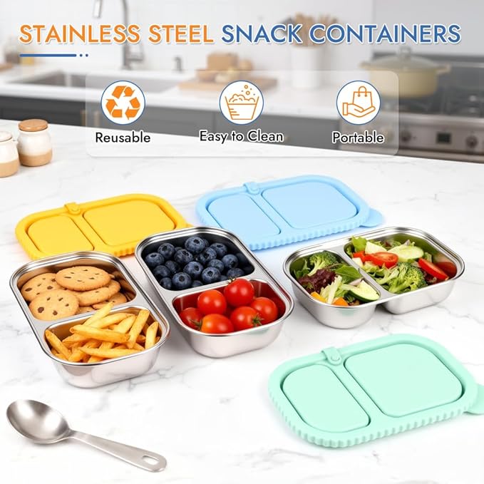 YQL 3 Pack Stainless Steel Food Containers with Colorful Silicone Lids – 2-Compartment Leakproof Lunch Snack Boxes for Meal Prep, Office, Travel, Camping – Reusable Bento Storage Set