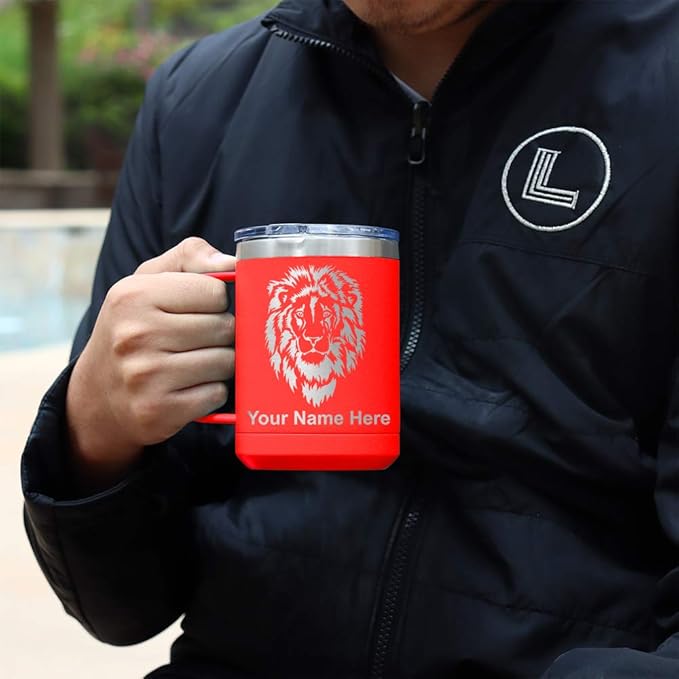 LaserGram 15oz Vacuum Insulated Coffee Mug, Tiki Statue, Personalized Engraving Included (Red)