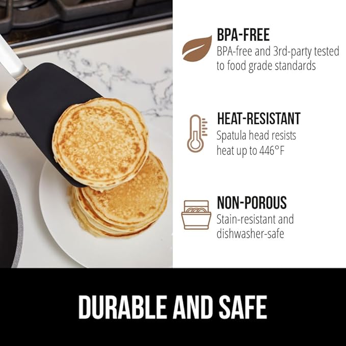 GORILLA GRIP Food Grade Flexible Silicone Spatula, 2 Pack, Heat Resistant Head for Nonstick Frying Pan, Patented Soft Rubber Handle for Comfort, Non-Scratch Kitchen Turner, Flip Eggs, 11.6 in, Black