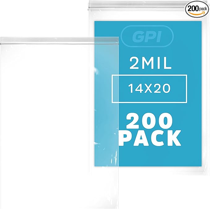 GPI - Extra-large Zip Bags, 14" x 20" Large Reclosable Lock Zip Bags, Clear Plastic Zipper Storage Bags with Zip Top Lock for Freezer, Apparel, Clothing, Food, Supplies - 200 Count
