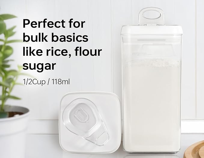 Felli Flip Tite Acrylic Food Storage Container with Lid 6” XL Air Tight Ring Seal Flip Top, Plastic Kitchen Baking Canister for 5 lb Flour Sugar Rice Protein Powder Pantry Organizer (Nest-L, White)