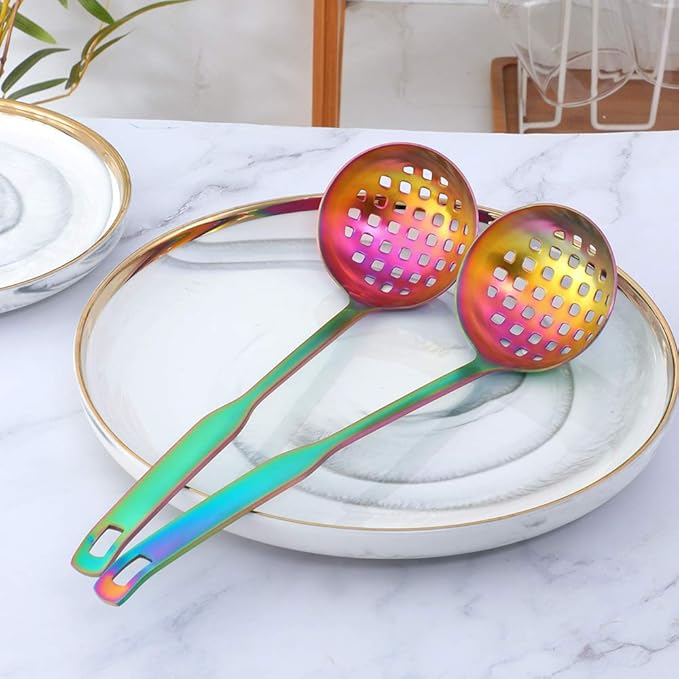 Buyer Star 2 Pcs Soup Ladle Colander, Rainbow Cookware Serving Long Handle Steel Slotted Spoon Cooking Utensil Set for Hotpot