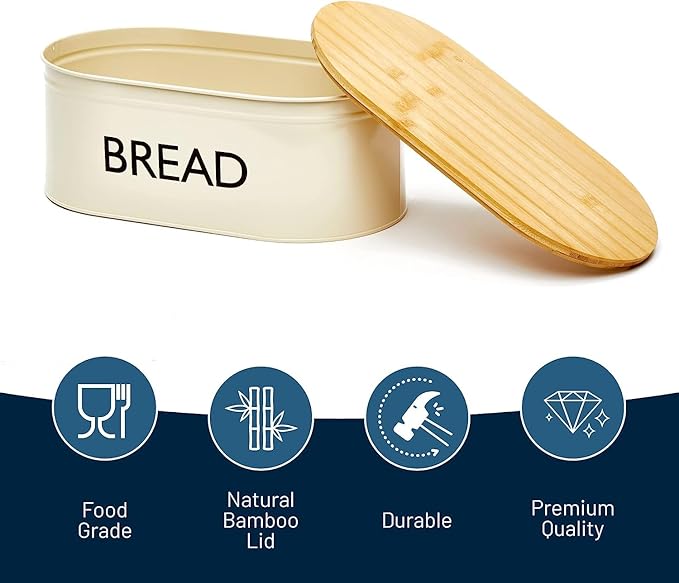 RoyalHouse Premium Metal Bread Box with Bamboo Lid (Pack of 2) Stainless Steel Large Bread Bin Storage Container And Organizer for Kitchen Countertop, Vintage Style Kitchen Decor