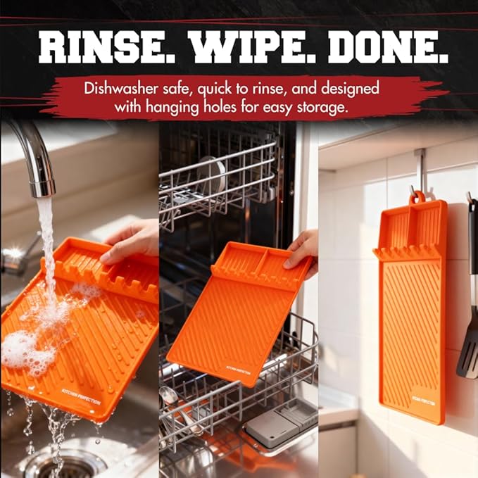 Kitchen Perfection Silicone Grill Mat for Blackstone Griddle Accessories - Silicone Tools & Spatulas Mat with Drip Pad - Keeps Your Griddle Clean and Your Utensils Organized - Great BBQ Gift