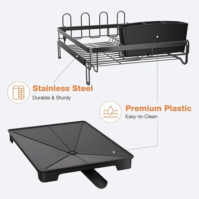 Extendable Dish Drying Rack, Drying Rack with Automatic Drainboard, Dish Drainers for Kitchen Counter, Anti-Rust Dish Drainers with Cup Holders & Utensil, Black