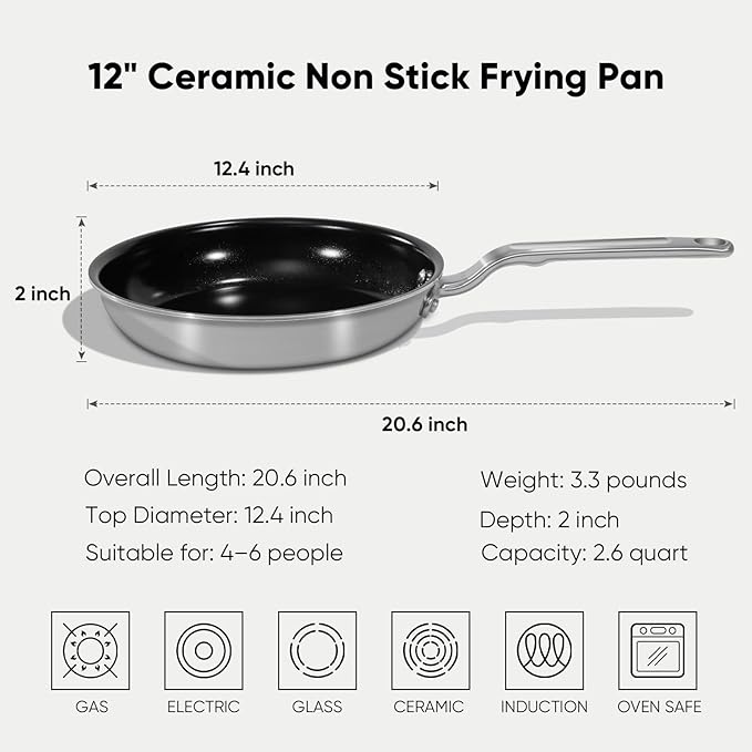 12 Inch Ceramic Non Stick Frying Pans - 5 Ply Stainless Clad Nonstick Skillet, Toxic, PTFE & PFOA FREE, Professional Cookware for Induction, All Stoves and Oven up to 650°F