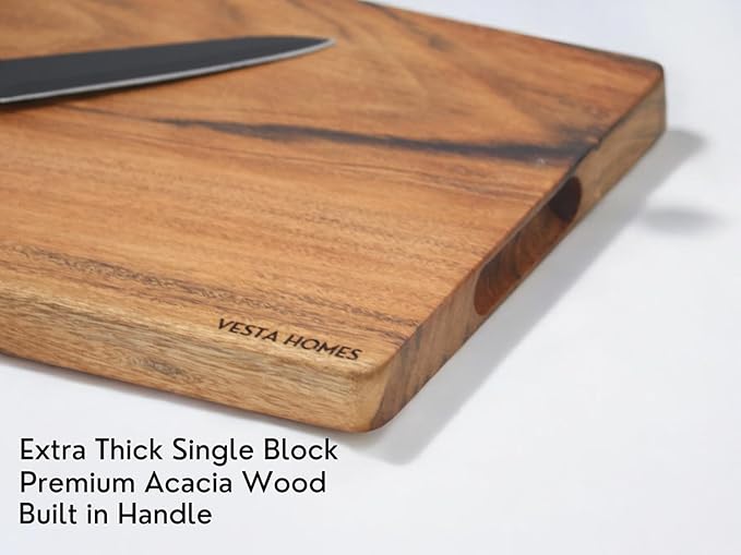 Vesta Homes Single Block Wooden Chopping/Cutting Board for Kitchen Vegetables, Fruits & Cheese | Natural Acacia Wood | Natural Color, 15 x 9 x 1 inches | Handcrafted in India
