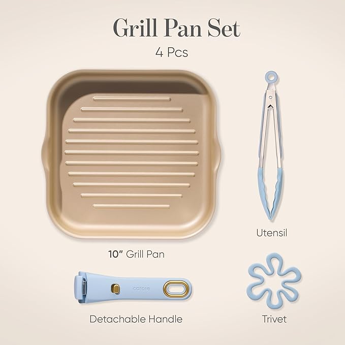 CAROTE 10 Inch Titanium Reinforced Nonstick Grill Pans for Steak, Non-Stick Grill Pans Sets with Detachable Handle, PFOS, PFOA Free, Gas & Induction Safe, All Stovetops Compatible, Blue