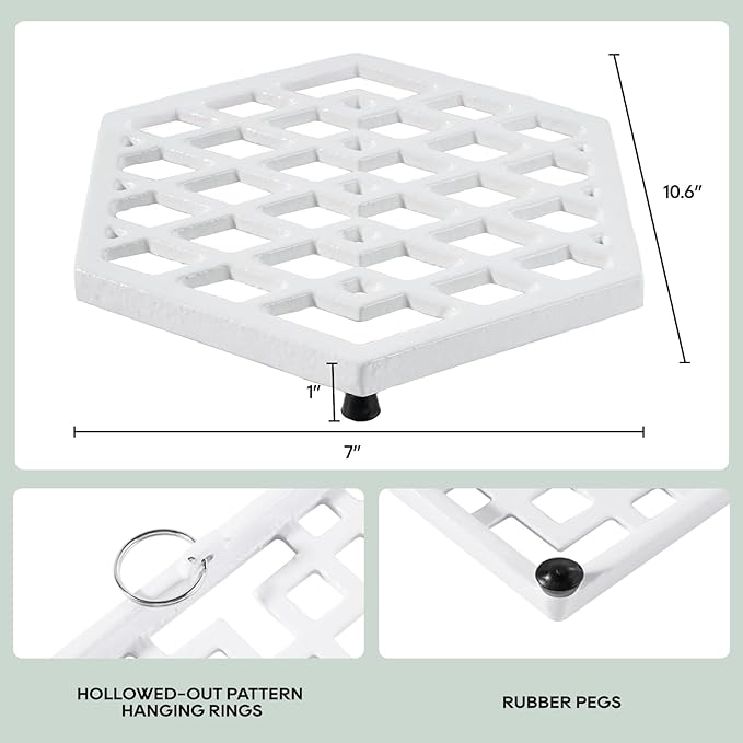 JOGREFUL Cast Iron Trivet Mats, Kitchen Pot Holders to Portect Table/Countertops, Heat Resistant Mats for Teapot/Hot Dishers/Plates, Vintage Mats with Weighted-Base, Hexagon White