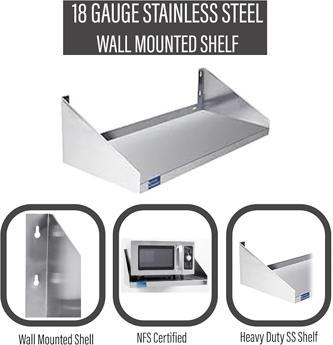 Stainless Steel Wall Shelf with Side Guards | Premium Commercial Wall-Mounted Shelf | NSF Certified Metal Utility Storage for Kitchen, Garage, or Laundry (36" Long x 18" Deep)