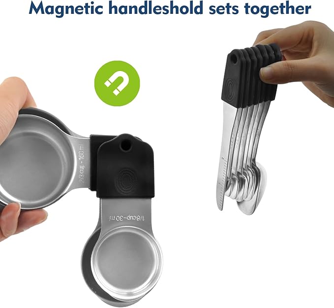 Magnetic Measuring Cups Set, 7 Pieces 18/8 Stainless Steel Stackable Nesting Heavy Duty Metal Measure Cups, Color Silicone Handle Kitchen Tools for Dry and Liquid Ingredients (14, Black)