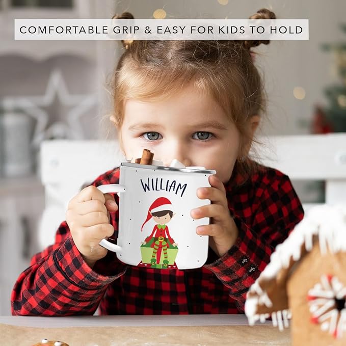 Andaz Press Personalized Name 11oz. Kids Christmas Hot Chocolate Stainless Steel Campfire Coffee Mug, Red Boy Xmas Elf Seated, 1-Pack, Custom Birthday Xmas Cup Christmas Hot Chocolate Mug