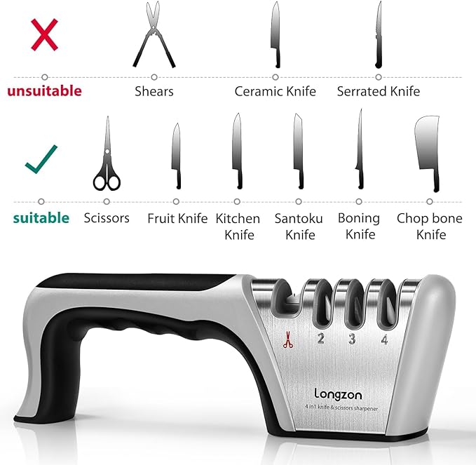 Longzon 4-in-1 Knife Sharpener [4 Stage] with a Pair of Cut-Resistant Glove, Original Premium Polish Blades, Best Kitchen Knife Sharpener Really Works for Fruit Knife and Steel Knives, Scissors