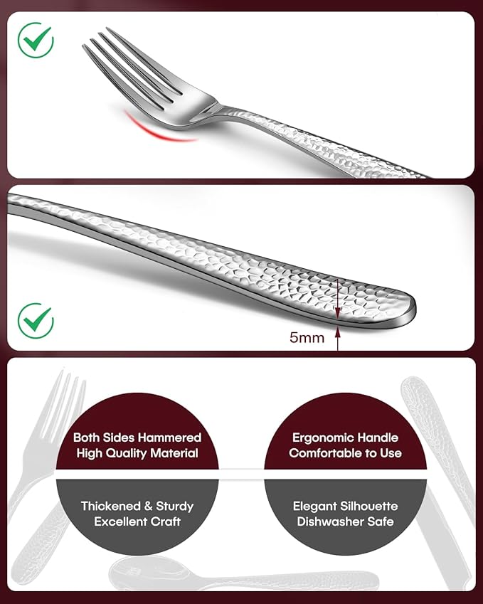 Hammered Silverware Set, EUIRIO 30-Piece Heavy Duty Cutlery Set for 6, Stainless Steel Flatware Set, Food-Grade Utensil Sets Includes Spoons Forks and Knives, Mirror Finish Dishwasher Safe