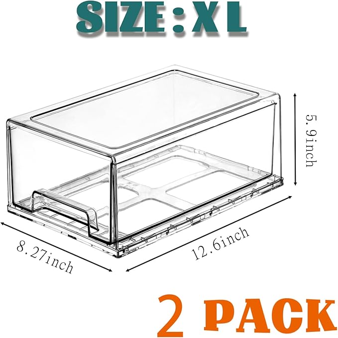 Clear Stackable Refrigerator Organizers and Storage Drawers - Pull-Out Fridge Bins with Anti-Slip Base & Easy Clean, Plastic Organizers for Kitchen Pantry Cabinet Closet ﻿ (2XL)