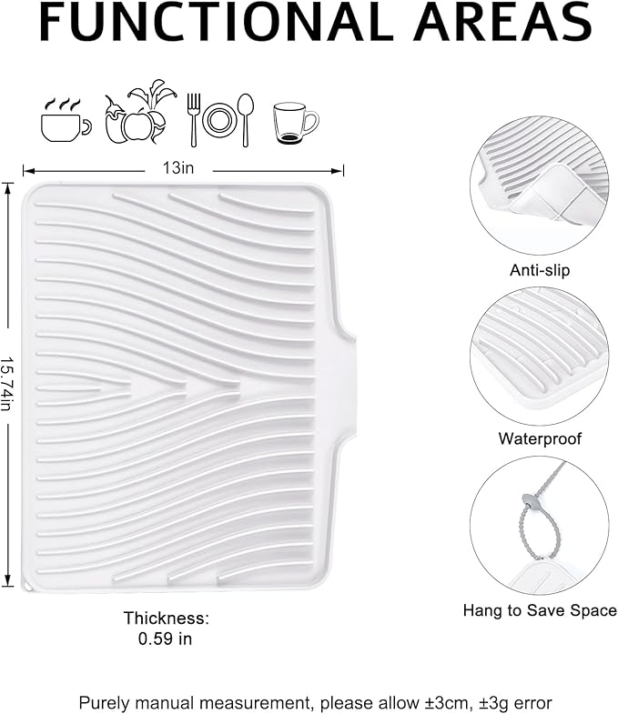 Dish Drying Mat, Stone Drying Mat for Kitchen Counter with Built-in Drain, Non-Slip Drying Matt Kitchen Counter, Heat Resistant Silicone Drying Mat,Dish Drying Pad,2 Pcs(15.8"X13",Ivory)