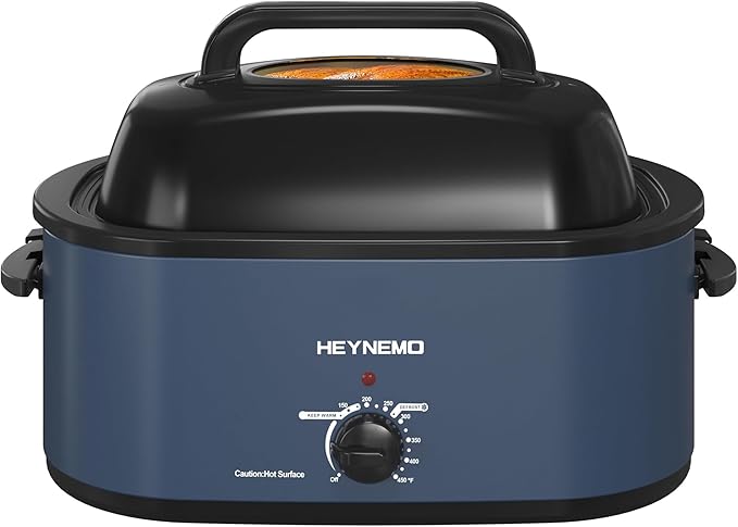 24 Quart Electric Roaster Oven with Visible & Self-Basting Lid, Large Turkey Roaster Oven with Defrost & Warm Function, Adjustable Temperature, Removable Pan & Rack, Stainless Steel, Blue