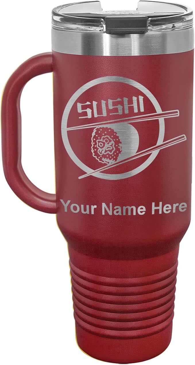 LaserGram 40oz Vacuum Insulated Travel Mug with Handle, Sushi, Personalized Engraving Included (Maroon)