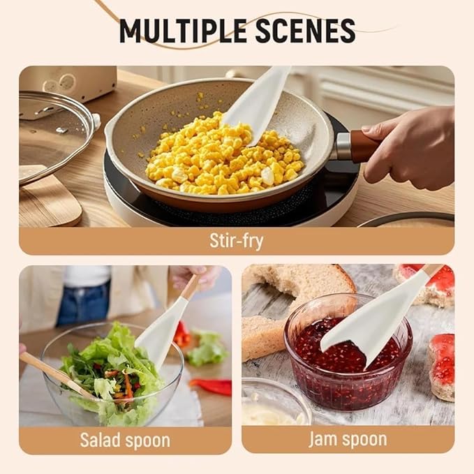 Cedarwood and ash wood spatula, multi-purpose cooking spoon with heat-resistant silicone, wooden handle, suitable for non-stick cookware, ergonomic grip (2-piece set in white)