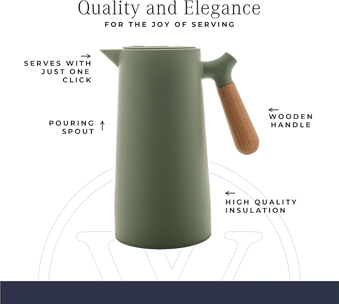 WOLFF - Thermal Coffee Carafe - Hot or Cold Drinks, Double Walled Insulated Vacuum Flask - Leakproof Coffee Dispenser with Wooden Handle, Thermal Bottle for Cold Beverages - Green, 34floz/1L