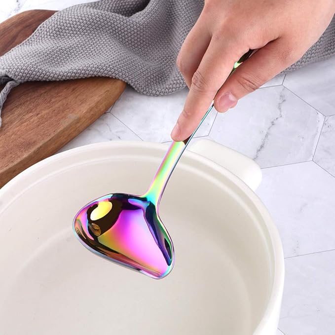 Sauce Ladle, BYEGOU Drizzle Spoon with Spout Gravy Soup Ladle, Stainless Steel Kitchen Utensil, Mirror Polish & Dishwasher Safe, 8.67 Inch, Rainbow