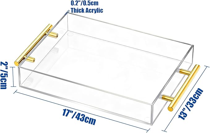 Clear Acrylic Serving Tray with Handles Large Ottoman Food Decorative Tray for Coffee Table Tea Fruit Snack Kitchen Bar Platter, 17x13’’