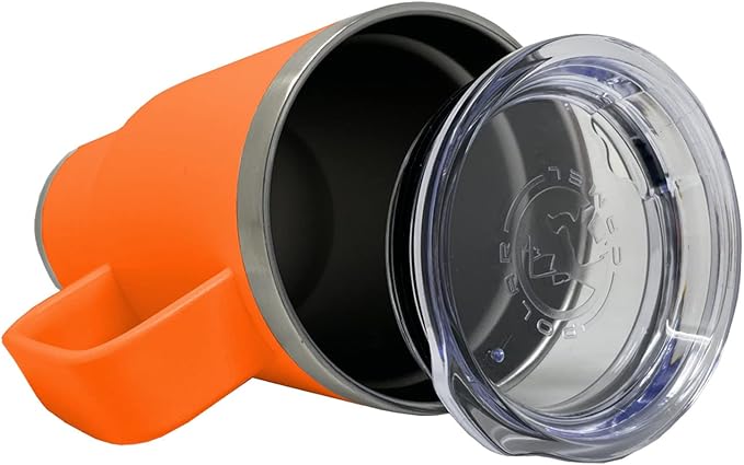 LaserGram 20oz Vacuum Insulated Travel Mug with Handle, Tiki Statue, Personalized Engraving Included (Orange)