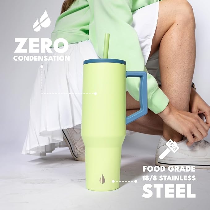 Elemental 40 oz Tumbler with Handle and Straw - Spill Proof Insulated Stainless Steel Commuter for Hot and Cold Beverages - Travel Coffee Mug with 2 Straws & Spill Proof Lid - 40oz - Sage Mist