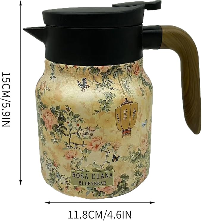 Vintage Floral Pattern Teapot, Doresty Tea Pot, Vintage Floral Pattern Tea-Built-In Infuser, Stainless Steel Thermal Carafe with Lid for Hot Drinks (Pink, Wooden handle)