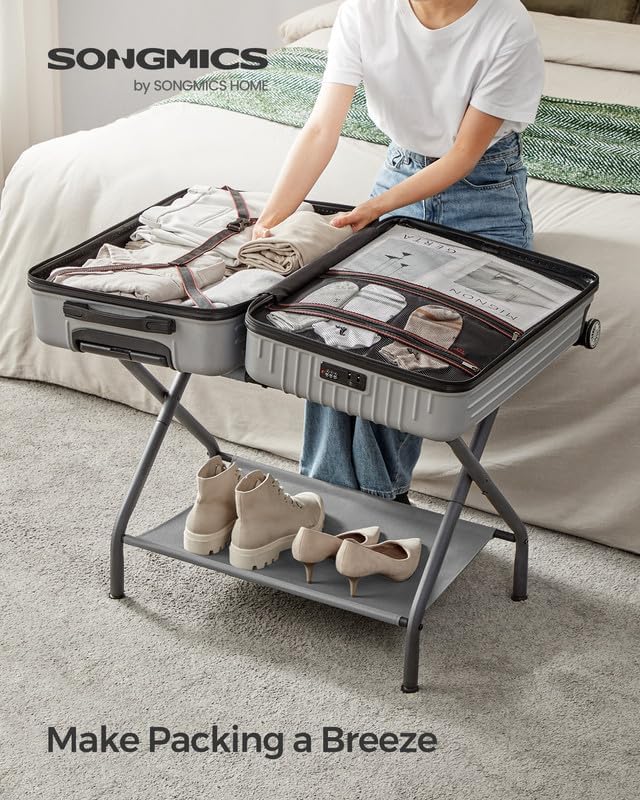 SONGMICS Luggage Rack, Suitcase Stand with Fabric Storage Shelf, for Guest Room, Bedroom, Hotel, Foldable, Holds up to 110 lb, 27.2 x 15 x 20.5 Inches, Slate Gray URLR002G01