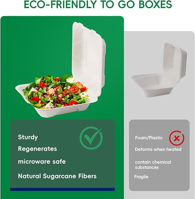 JOLLY CHEF Clamshell Take Out Food Containers, [8 * 8" 50-Pack] To Go Containers Disposable, Sugarcane To Go Box for Thanksgiving, Salad,Lunch