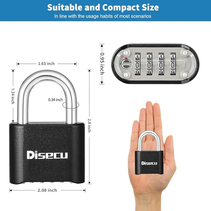 1 Pack disecu Heavy Duty 4 Digit Combination Lock, Anti-Error Feature, Outdoor Waterproof Padlock for School Gym Locker, Fence, Gate, Hasp Storage, Toolbox (Black)