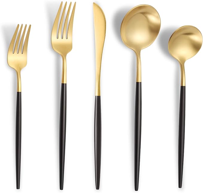 Lemeya Matte Black Gold Silverware Set for 4,Modern Stainless Steel Brushed Cutlery Set,20-Pieces Heavy Duty Flatware Set,Knives Spoons and Forks Set Utensils Set, Satin Finish, Dishwasher Safe