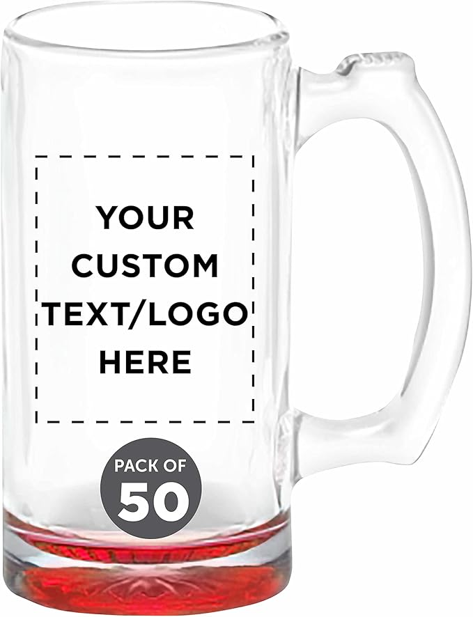 12 Libbey Beer Mugs Set, 12 oz. - Customizable Text, Logo - Groomsmen Glassware - Red
