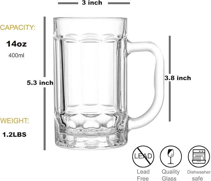 COKTIK 8 Pack Heavy Large Beer Glasses with Handle - 14 Ounce Glass Steins, Classic Beer Mug glasses Set